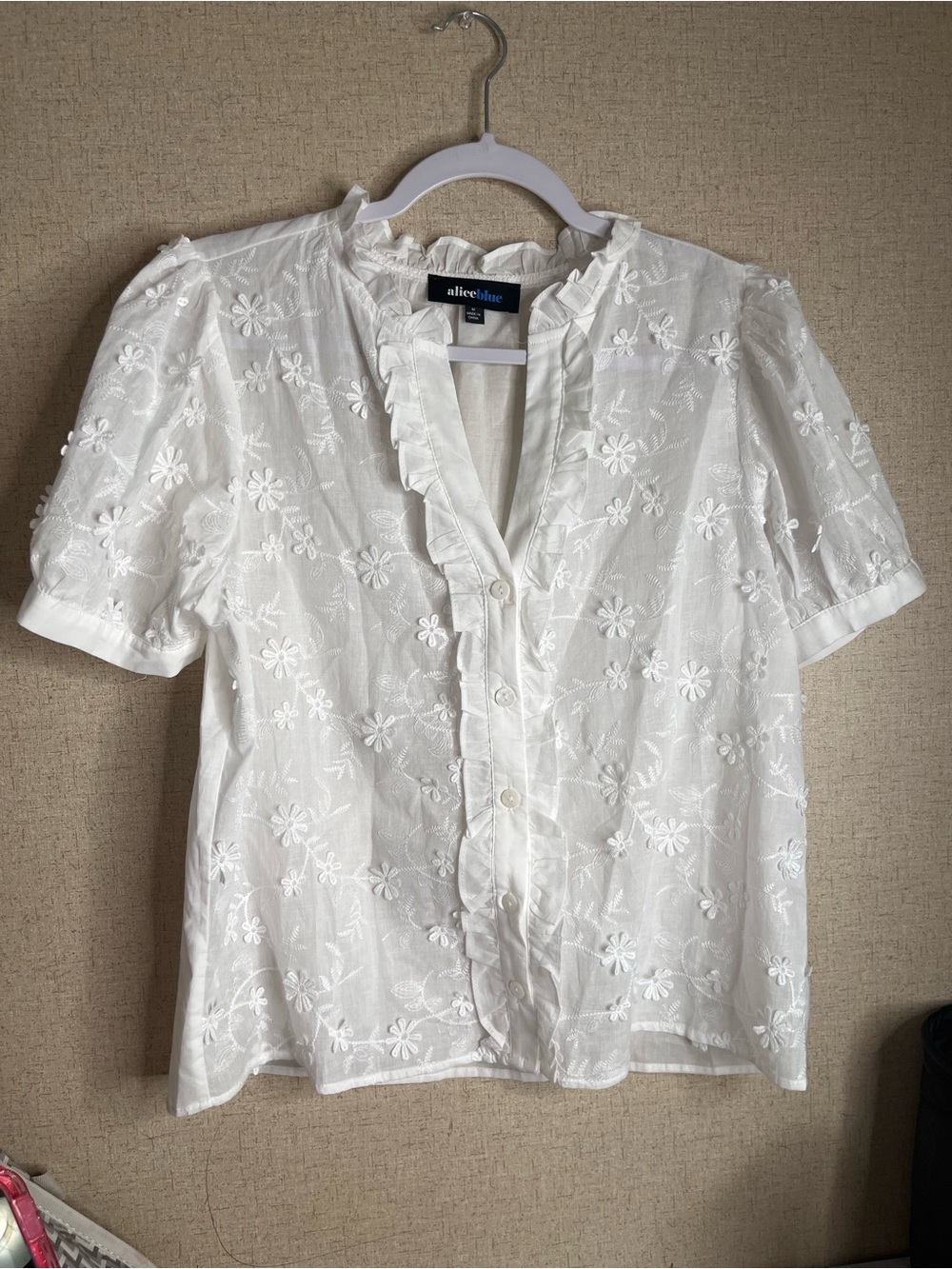 Alice Blue White Floral Embroidered Ruffle Blouse